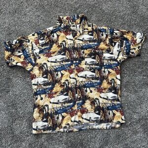 Vintage Crossings Shirt Mens 1X Car Plane Print Rayon Button Up Casual 90s Korea